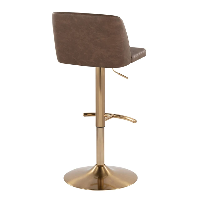 Alt view image 6 of 7 - Adjustable Barstool with Swivel in Gold Metal and Faux Leather with Rounded Footrest Set, Espresso, Seating for Dining