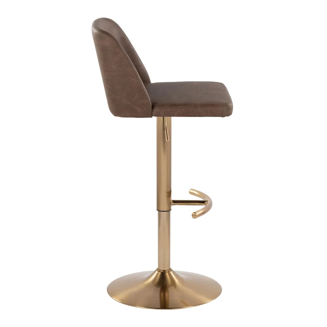 Alt view image 5 of 7 - Adjustable Barstool with Swivel in Gold Metal and Faux Leather with Rounded Footrest Set, Espresso, Seating for Dining