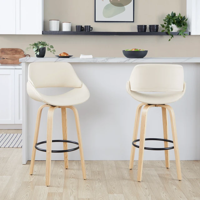 Alt view image 2 of 7 - 30 Inch Fixed Height Barstool with Swivel in and Faux Leather with Round Black Metal Footrest Set, Cream, Seating