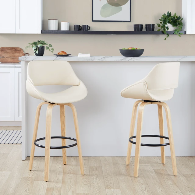 Main image of 30 Inch Fixed Height Barstool with Swivel in and Faux Leather with Round Black Metal Footrest Set, Cream, Seating