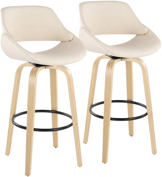 Alt view image 3 of 7 - 30 Inch Fixed Height Barstool with Swivel in and Faux Leather with Round Black Metal Footrest Set, Cream, Seating