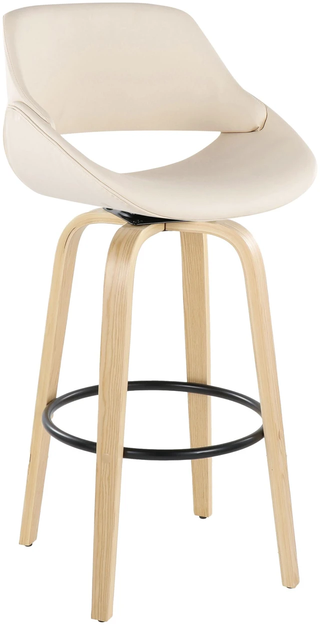 Alt view image 7 of 7 - 30 Inch Fixed Height Barstool with Swivel in and Faux Leather with Round Black Metal Footrest Set, Cream, Seating
