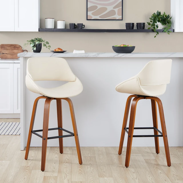 Main image of 30 Inch Mid Century Fixed Height Barstool with Swivel in and Faux Leather with Square Black Metal Footrest Set, Cream