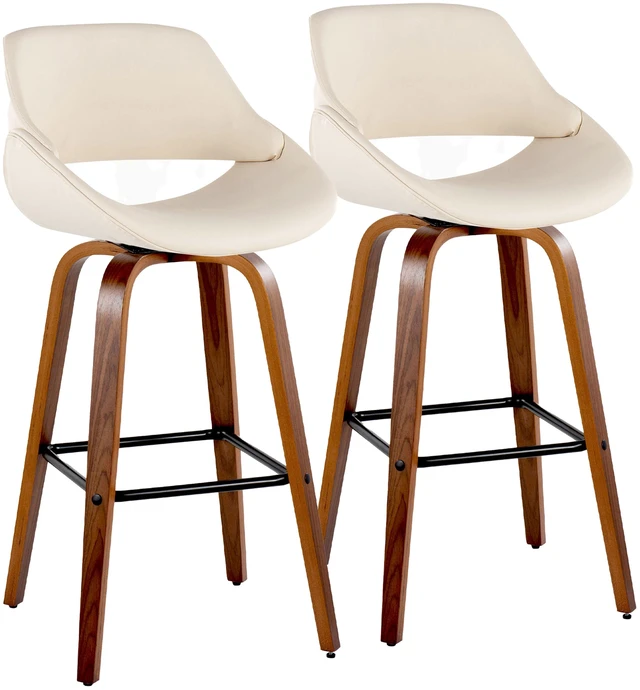 Alt view image 3 of 7 - 30 Inch Mid Century Fixed Height Barstool with Swivel in and Faux Leather with Square Black Metal Footrest Set, Cream