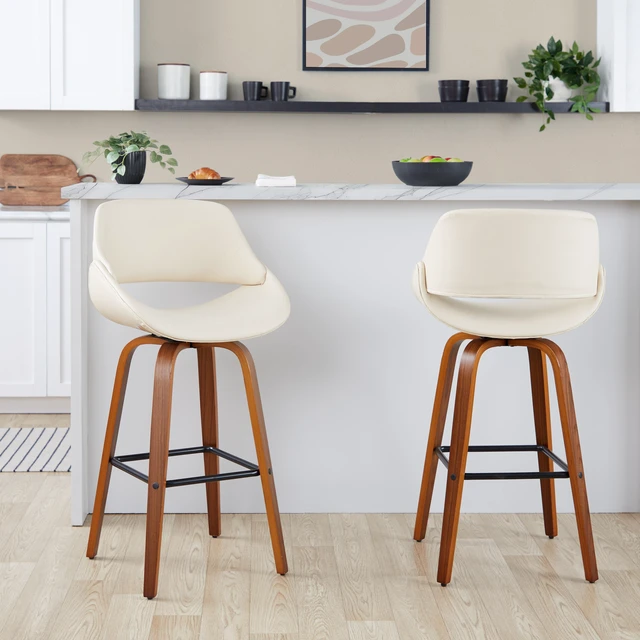Alt view image 2 of 7 - 30 Inch Mid Century Fixed Height Barstool with Swivel in and Faux Leather with Square Black Metal Footrest Set, Cream