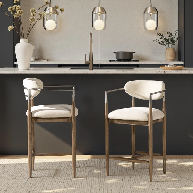 Alt view image 2 of 7 - Artemis 26 Inch Mixed Material Upholstered Counter Stool, Chenille, White, Seating for Dining