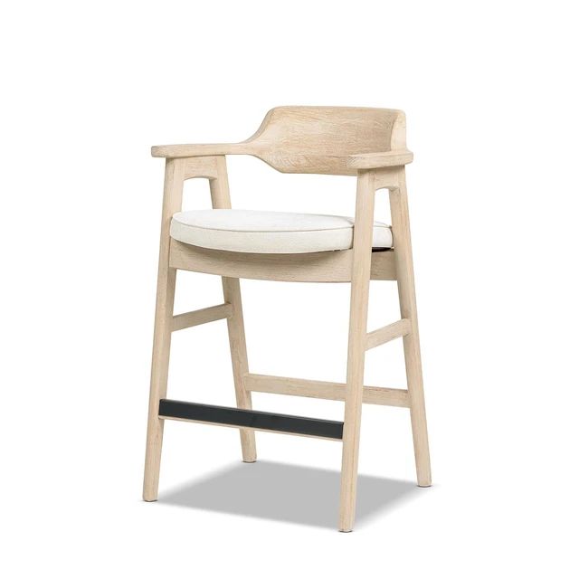 Alt view image 3 of 5 - 29.5 Inch Upholstered Reclaimed Pine Bar Stool, Soft Flax Chenille, Light Beige, Chenille, Seating for Dining