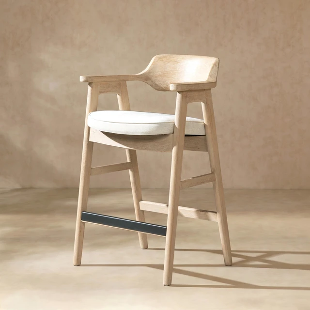 Main image of 29.5 Inch Upholstered Reclaimed Pine Bar Stool, Soft Flax Chenille, Light Beige, Chenille, Seating for Dining