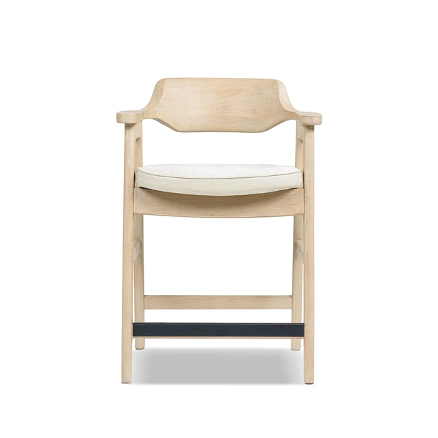 Alt view image 2 of 5 - 26.5 Inch Upholstered Reclaimed Pine Counter Stool, Soft Flax Chenille, Light Beige, Chenille, Seating for Dining