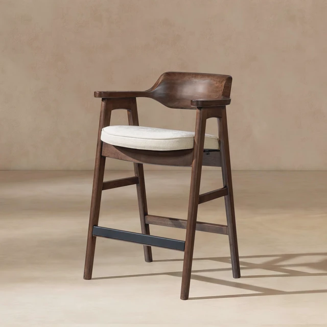 Alt view image 3 of 7 - 29.5 Inch Upholstered Reclaimed Pine Bar Stool, Soft Flax Chenille, Light Beige, Chenille, Seating for Dining