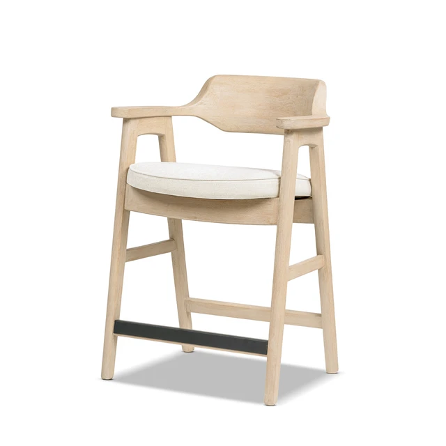 Alt view image 3 of 5 - 26.5 Inch Upholstered Reclaimed Pine Counter Stool, Soft Flax Chenille, Light Beige, Chenille, Seating for Dining