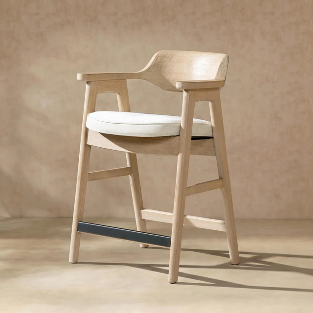 Main image of 26.5 Inch Upholstered Reclaimed Pine Counter Stool, Soft Flax Chenille, Light Beige, Chenille, Seating for Dining