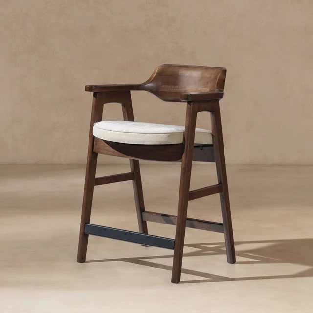 Alt view image 3 of 7 - 26.5 Inch Upholstered Reclaimed Pine Counter Stool, Soft Flax Chenille, Light Beige, Chenille, Seating for Dining
