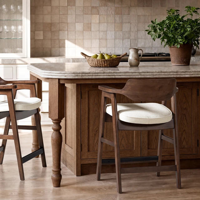 Alt view image 2 of 7 - 26.5 Inch Upholstered Reclaimed Pine Counter Stool, Soft Flax Chenille, Light Beige, Chenille, Seating for Dining