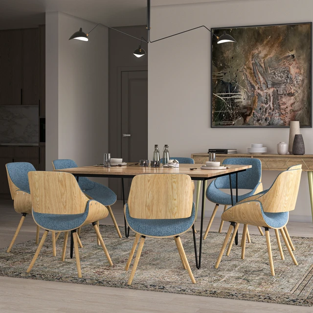 Alt view image 2 of 7 - Bentwood Dining Chair with Back in Denim Linen Fabric, Blue, Wood and Fabric, Seating for Dining