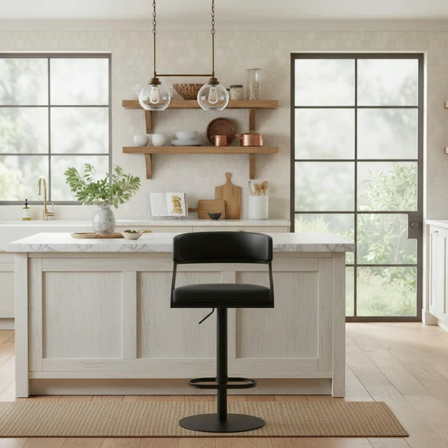 Alt view image 2 of 7 - Retro Swivel Black Metal Adjustable Height Barstool with Faux Leather Seat, Seating for Dining