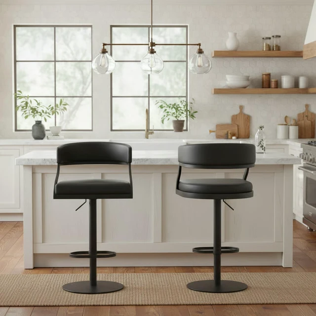 Alt view image 3 of 7 - Retro Swivel Black Metal Adjustable Height Barstool with Faux Leather Seat, Seating for Dining
