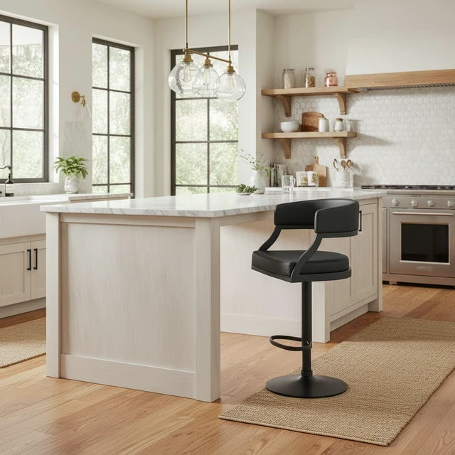 Alt view image 6 of 7 - Retro Swivel Black Metal Adjustable Height Barstool with Faux Leather Seat, Seating for Dining