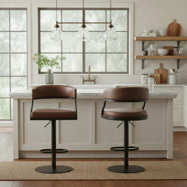 Alt view image 2 of 7 - Retro Swivel Black Metal Adjustable Height Barstool with Faux Leather Seat, Coffee, Seating for Dining