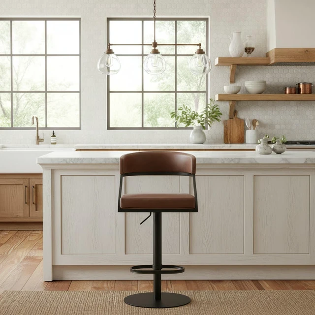 Alt view image 6 of 7 - Retro Swivel Black Metal Adjustable Height Barstool with Faux Leather Seat, Coffee, Seating for Dining