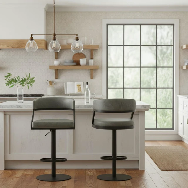 Alt view image 3 of 7 - Retro Swivel Black Metal Adjustable Height Barstool with Faux Leather Seat, Grey, Seating for Dining