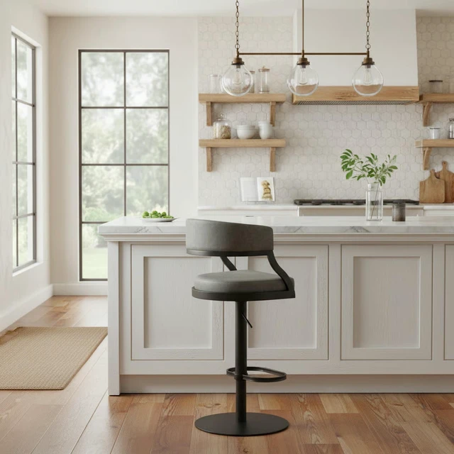 Alt view image 2 of 7 - Retro Swivel Black Metal Adjustable Height Barstool with Faux Leather Seat, Grey, Seating for Dining
