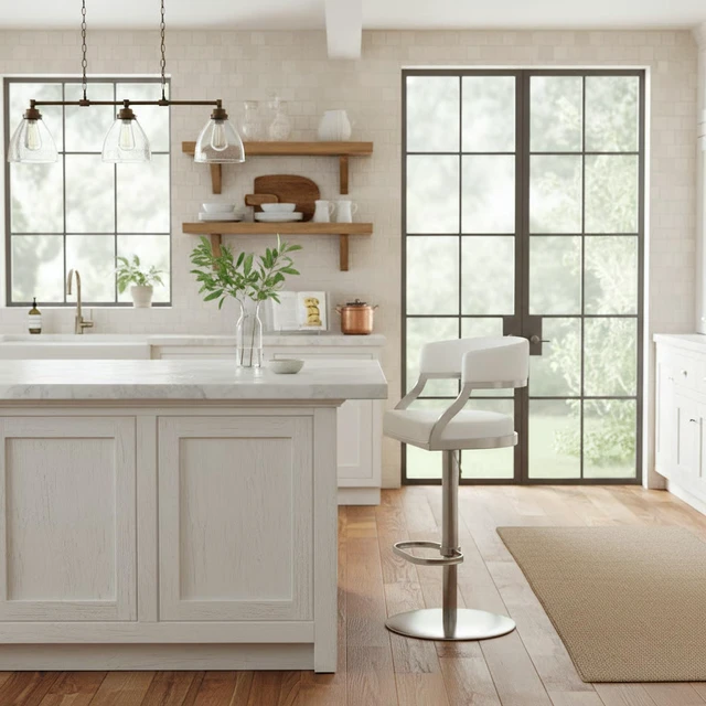 Main image of Retro Swivel Stainless Metal Adjustable Height Barstool with Faux Leather Seat, White, Seating for Dining