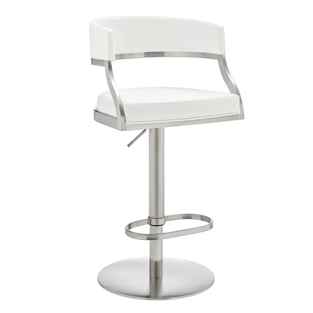 Alt view image 2 of 7 - Retro Swivel Stainless Metal Adjustable Height Barstool with Faux Leather Seat, White, Seating for Dining