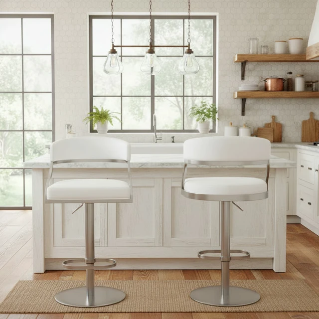 Alt view image 6 of 7 - Retro Swivel Stainless Metal Adjustable Height Barstool with Faux Leather Seat, White, Seating for Dining