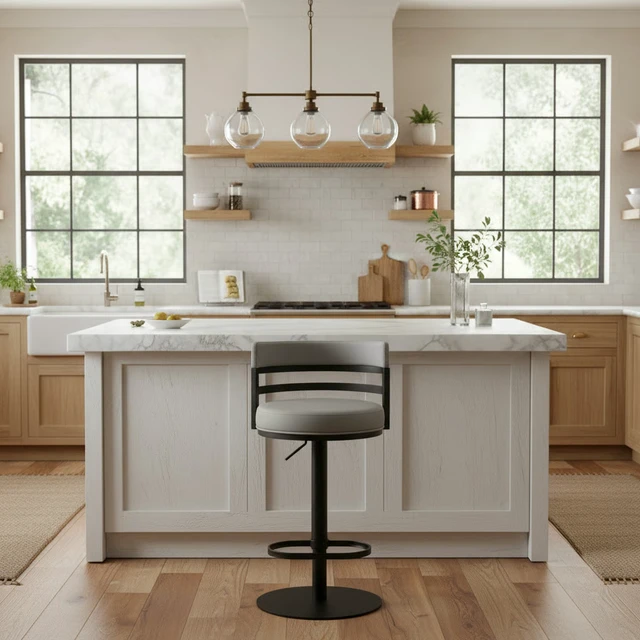 Alt view image 2 of 7 - Swivel Black Metal Adjustable Height Barstool with Faux Leather Seat, Gray, Seating for Dining