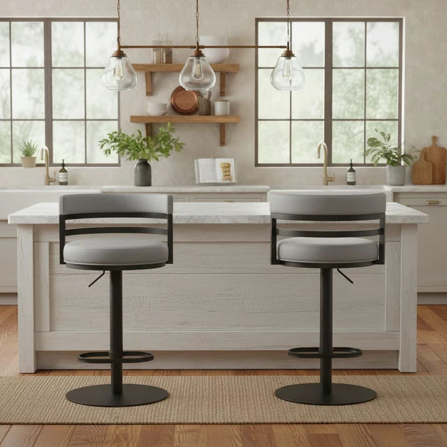 Alt view image 6 of 7 - Swivel Black Metal Adjustable Height Barstool with Faux Leather Seat, Gray, Seating for Dining