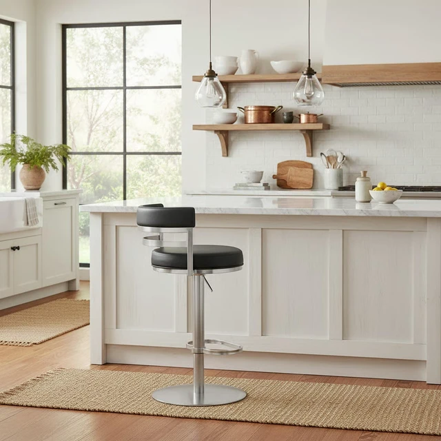Main image of Swivel Stainless Metal Adjustable Height Barstool with Faux Leather Seat, Black, Seating for Dining