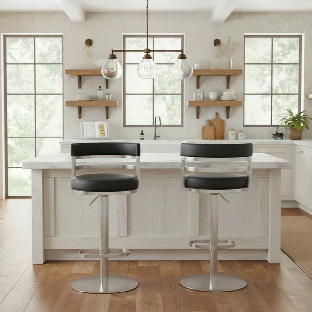 Alt view image 3 of 7 - Swivel Stainless Metal Adjustable Height Barstool with Faux Leather Seat, Black, Seating for Dining
