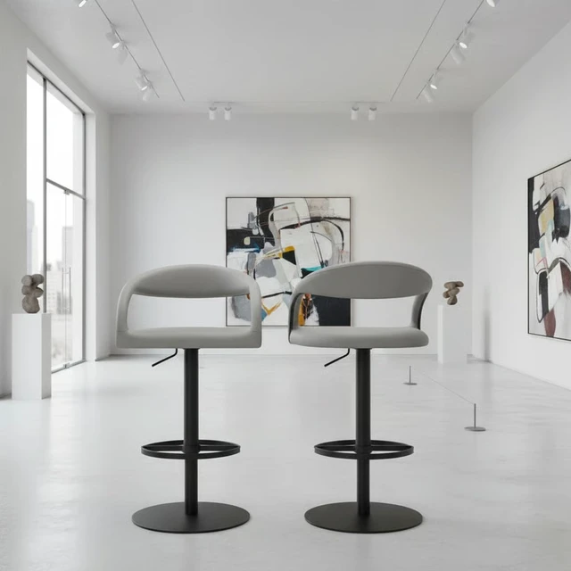 Alt view image 2 of 7 - Swivel Metal Adjustable Height Barstool with Faux Leather Seat, Light Gray, Seating for Dining