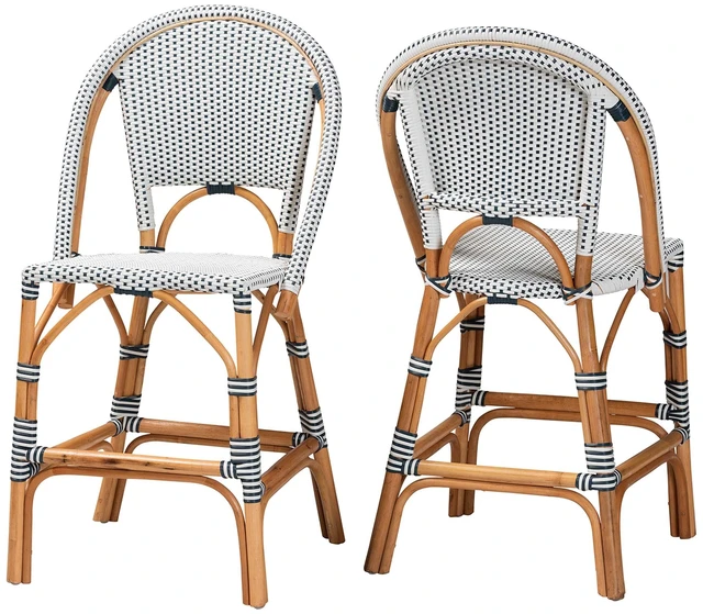 Main image of French Two Tone and Weaving and Rattan 2 Piece Counter Stool Set, Navy Multi, Seating for Dining