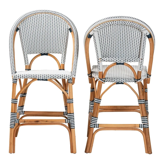 Alt view image 2 of 7 - French Two Tone and Weaving and Rattan 2 Piece Counter Stool Set, Navy Multi, Seating for Dining