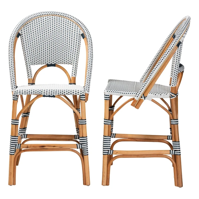 Alt view image 3 of 7 - French Two Tone and Weaving and Rattan 2 Piece Counter Stool Set, Navy Multi, Seating for Dining