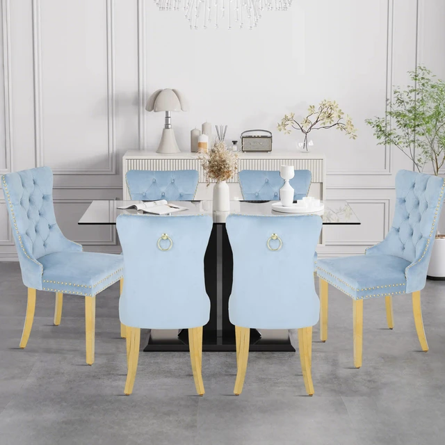 Alt view image 2 of 7 - Rubberwood Velvet Ergonomic Chairs, Set, Blue, Metal, Seating for Dining