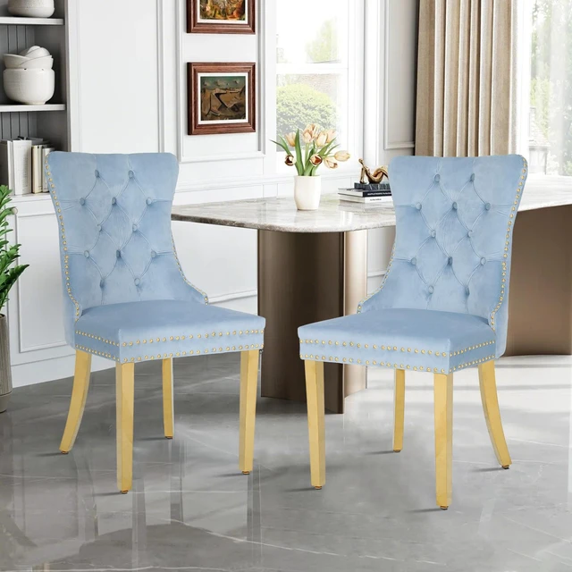 Main image of Rubberwood Velvet Ergonomic Chairs, Set, Blue, Metal, Seating for Dining