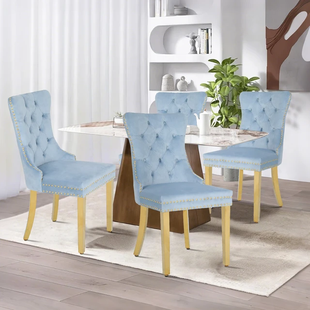 Alt view image 3 of 7 - Rubberwood Velvet Ergonomic Chairs, Set, Blue, Metal, Seating for Dining