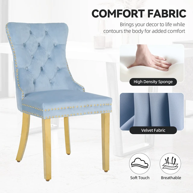 Alt view image 6 of 7 - Rubberwood Velvet Ergonomic Chairs, Set, Blue, Metal, Seating for Dining