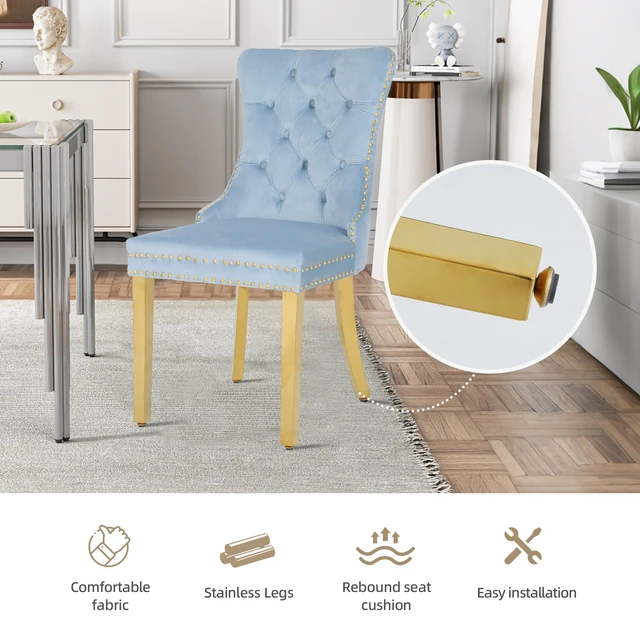 Alt view image 4 of 7 - Rubberwood Velvet Ergonomic Chairs, Set, Blue, Metal, Seating for Dining