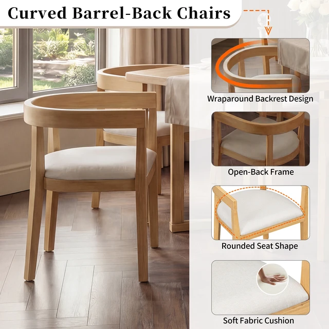 Alt view image 2 of 5 - Dining Chairs Set, Curved Back Upholstered Kitchen Chairs with Solid Wood Frame, Natural, MDF and Solid Wood, Seating