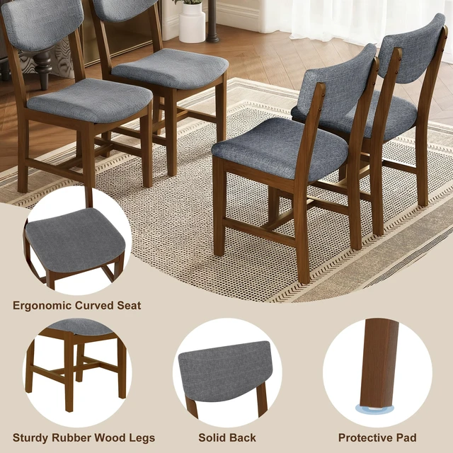 Alt view image 5 of 7 - 4 Piece Dining Chair Solid Wood Frame with Gray Fabric Cushion, Upholstered Accent Chair for Kitchen Dining Living