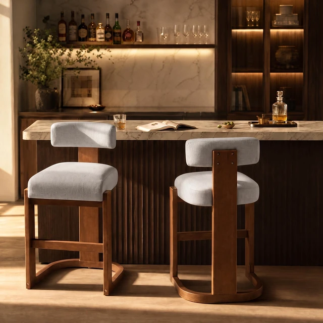Main image of Pack Counter Height Bar Stools, Rubber Wood Frame Barstools with Linen Fabric Upholstered Seat and Backrest Wood Finish