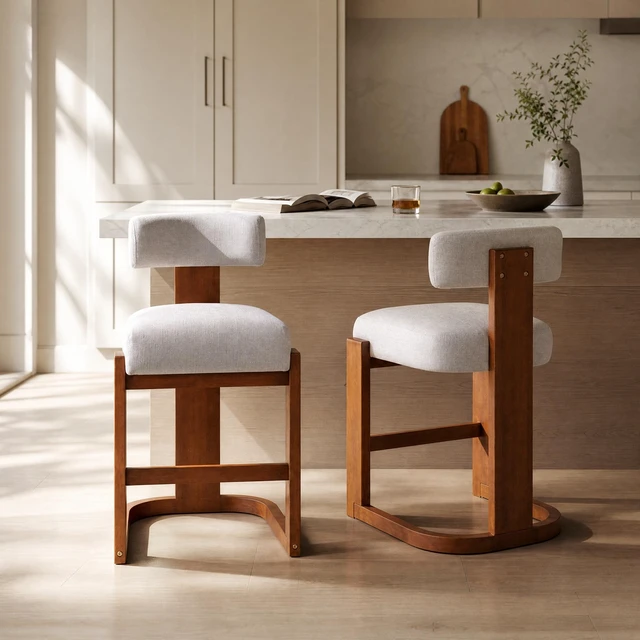 Alt view image 3 of 7 - Pack Counter Height Bar Stools, Rubber Wood Frame Barstools with Linen Fabric Upholstered Seat and Backrest Wood Finish