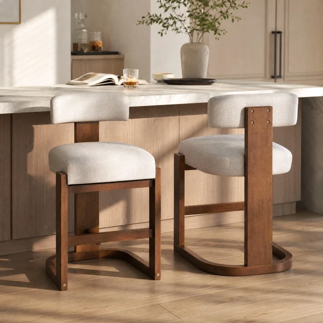 Alt view image 2 of 7 - Pack Counter Height Bar Stools, Rubber Wood Frame Barstools with Linen Fabric Upholstered Seat and Backrest Wood Finish
