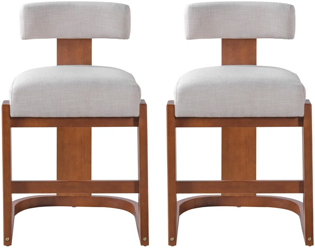 Alt view image 6 of 7 - Pack Counter Height Bar Stools, Rubber Wood Frame Barstools with Linen Fabric Upholstered Seat and Backrest Wood Finish