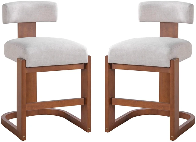 Alt view image 7 of 7 - Pack Counter Height Bar Stools, Rubber Wood Frame Barstools with Linen Fabric Upholstered Seat and Backrest Wood Finish