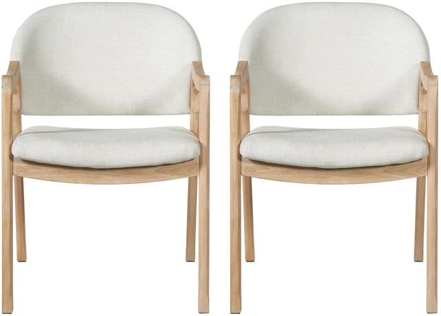 Main image of Curved Arm Dining Chair with Slanted Tapered Rubber Wood Legs Set, Beige Fabric, Beige Natural, Fabric and Rubber Wood